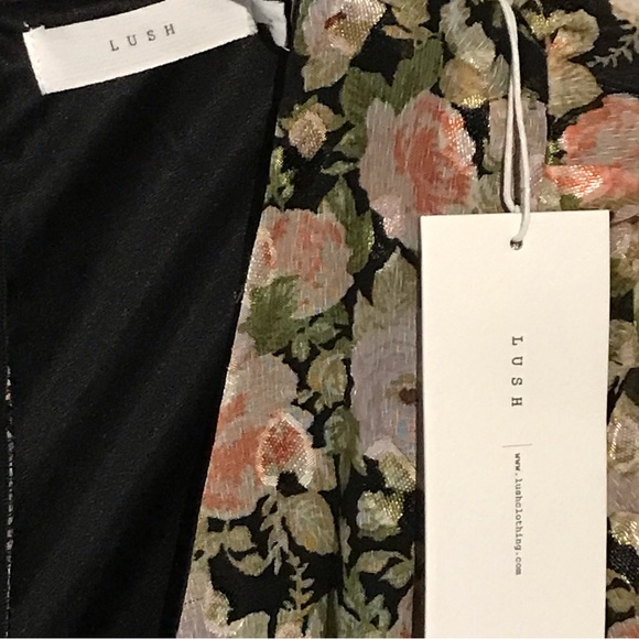 NWT Lush Black & Coral Floral Ruffle Mini Dress w/Sheer Puff Long Seeves Sz S,M - Picture 4 of 8